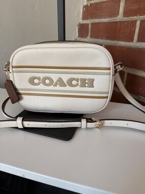 Coach White Pebbled Leather Crossbody with Gold Logo Stripes EUC
